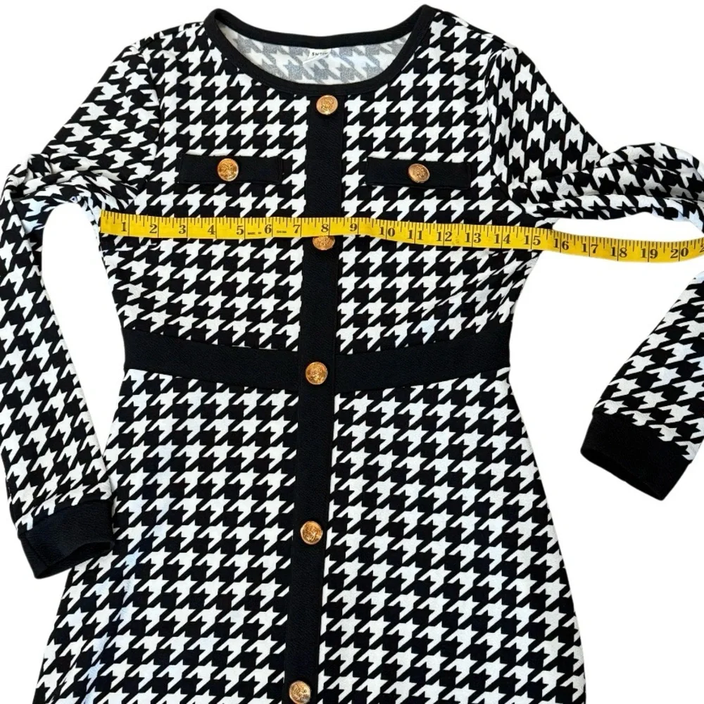 SHEIN Teen Houndstooth Black and‎ White Print Knit Dress Gold Accents SZ 14